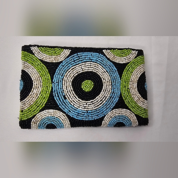 Vintage Beaded Zip Clutch Retro Purse Green & Brown MCM Circle Motif Pouch - Picture 2 of 8